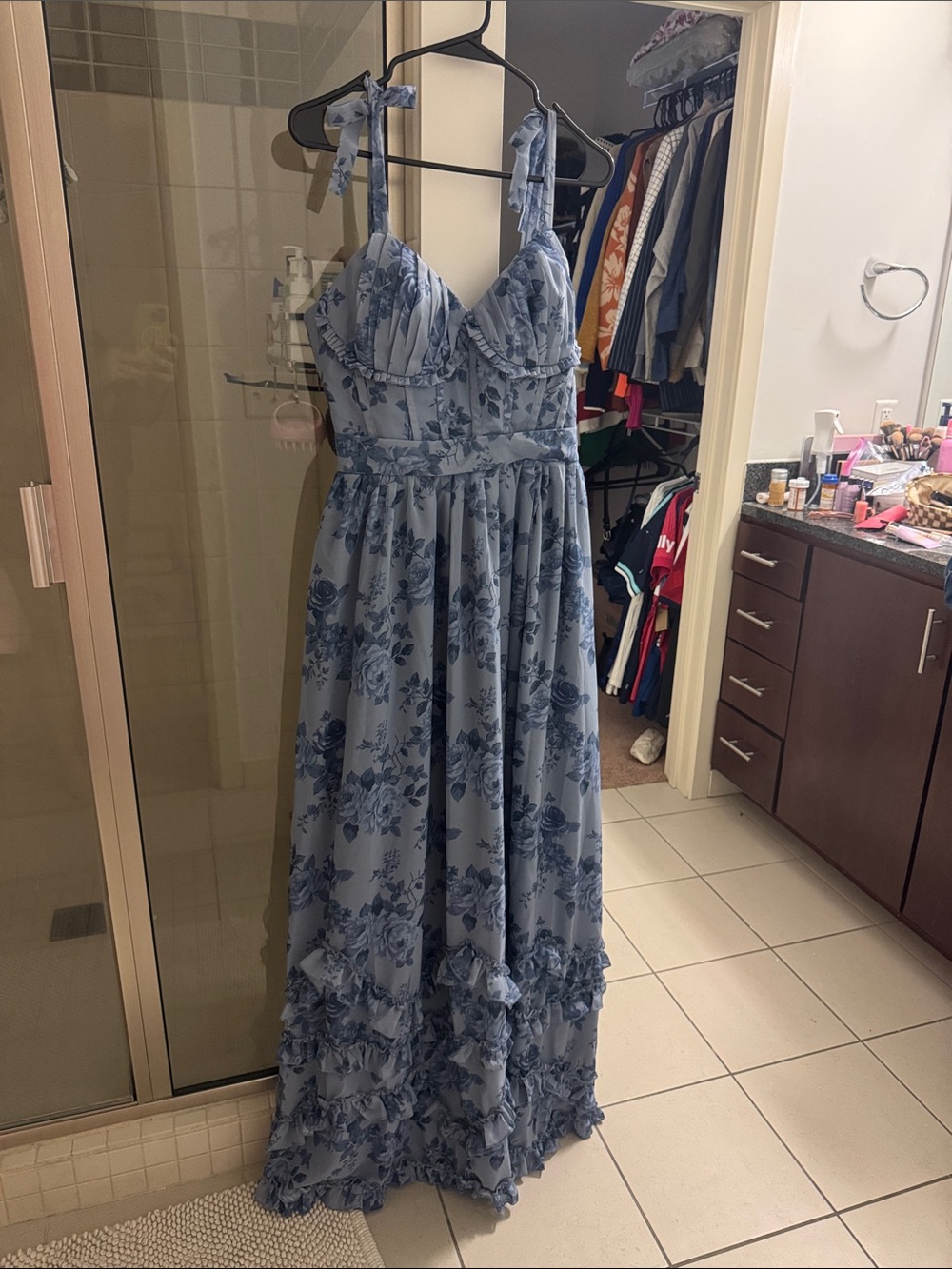 Azazie Dusty Blue Floral Maxi Dress with Tie Straps